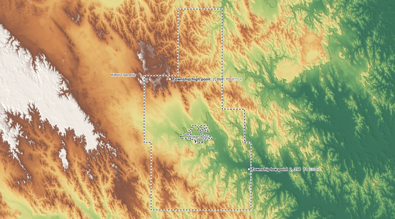 Topographic elevation map of Broken Bow Township, Nebraska, shaded from 2,390 ft on the southeast side to 2,860 ft on the northwest side