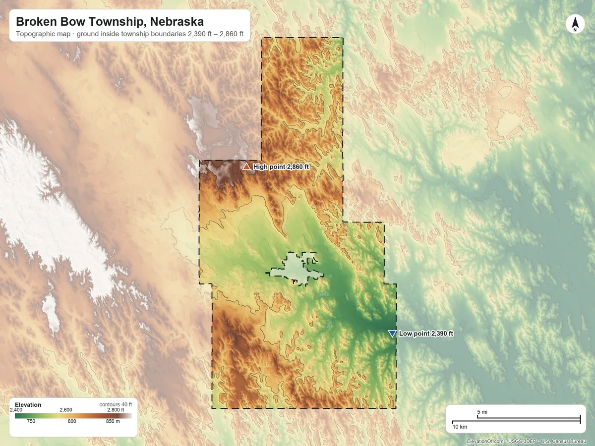 Topographic elevation map of Broken Bow Township, Nebraska, shaded from 2,390 ft on the southeast side to 2,860 ft on the northwest side