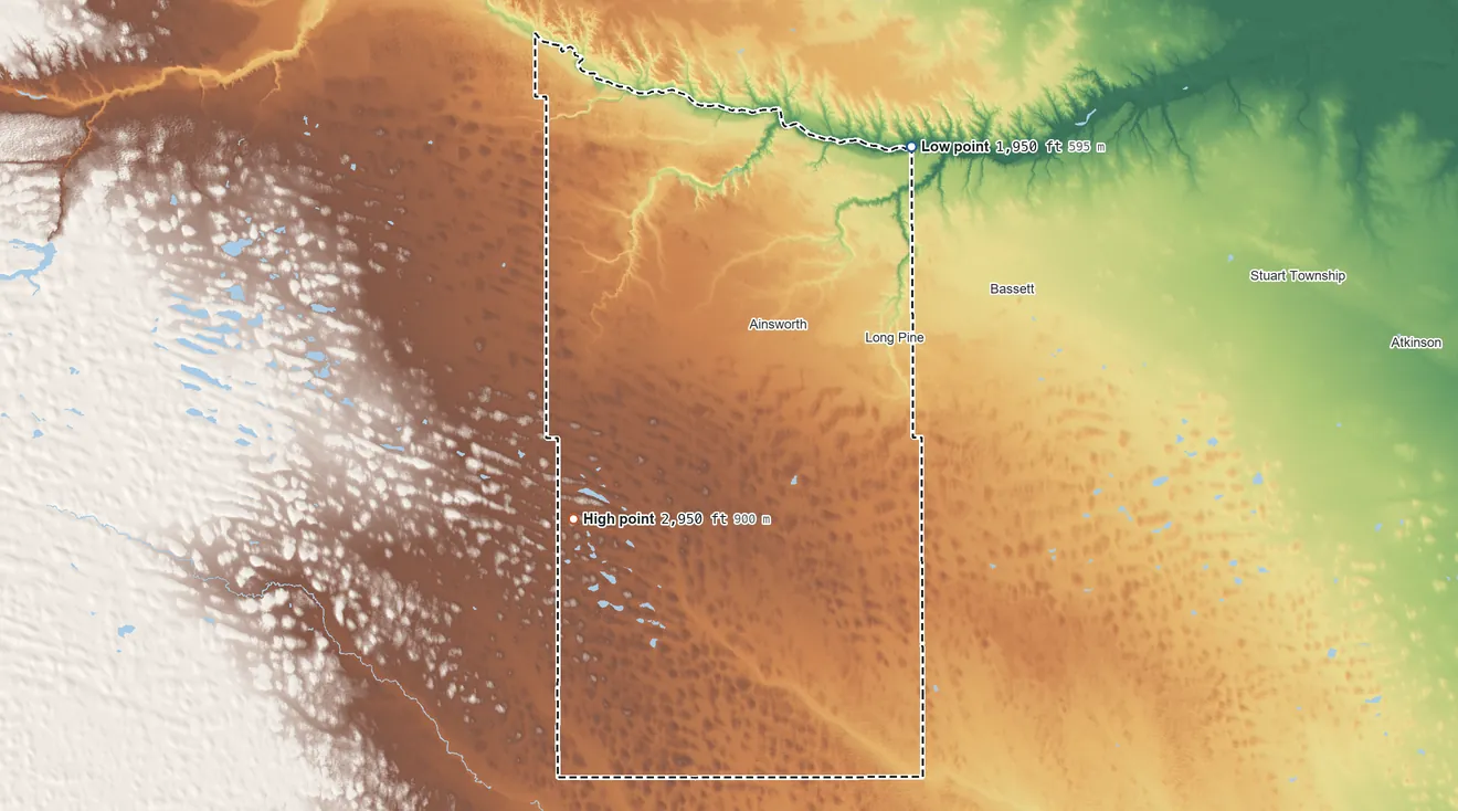 Topographic elevation map of Brown County, Nebraska, shaded from 1,950 ft on the northeast side to 2,950 ft on the southwest side