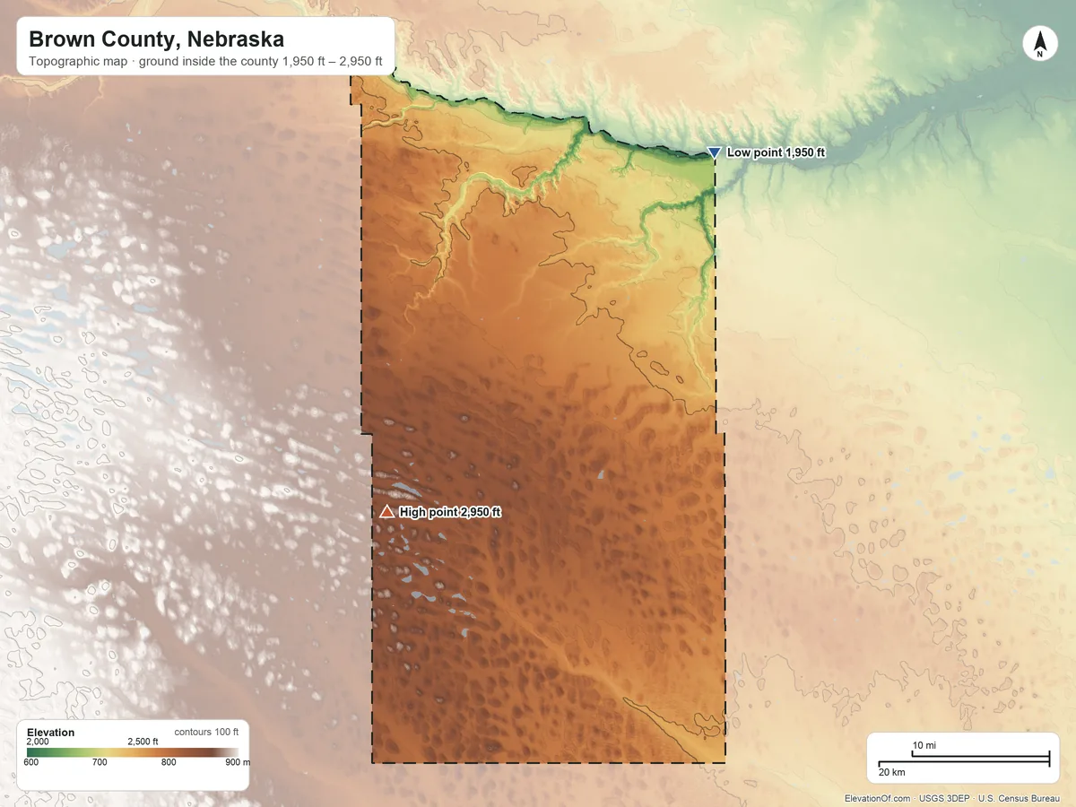 Topographic elevation map of Brown County, Nebraska, shaded from 1,950 ft on the northeast side to 2,950 ft on the southwest side