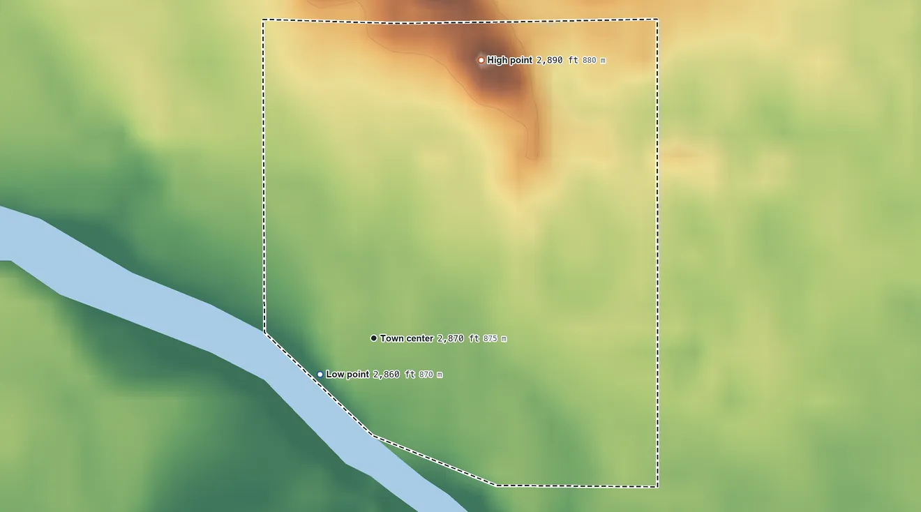 Topographic elevation map of Brownlee, Nebraska, shaded from 2,860 ft on the southwest side to 2,890 ft on the north side