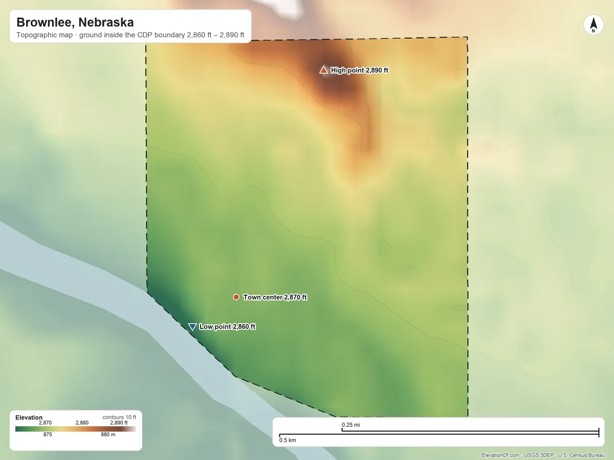 Topographic elevation map of Brownlee, Nebraska, shaded from 2,860 ft on the southwest side to 2,890 ft on the north side