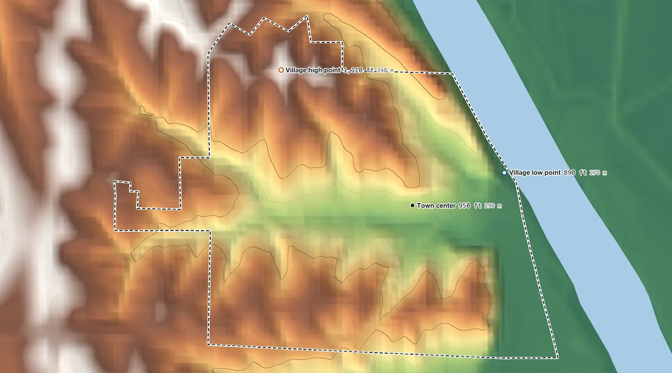 Topographic elevation map of Brownville, Nebraska, shaded from 890 ft on the east side to 1,110 ft on the northwest side