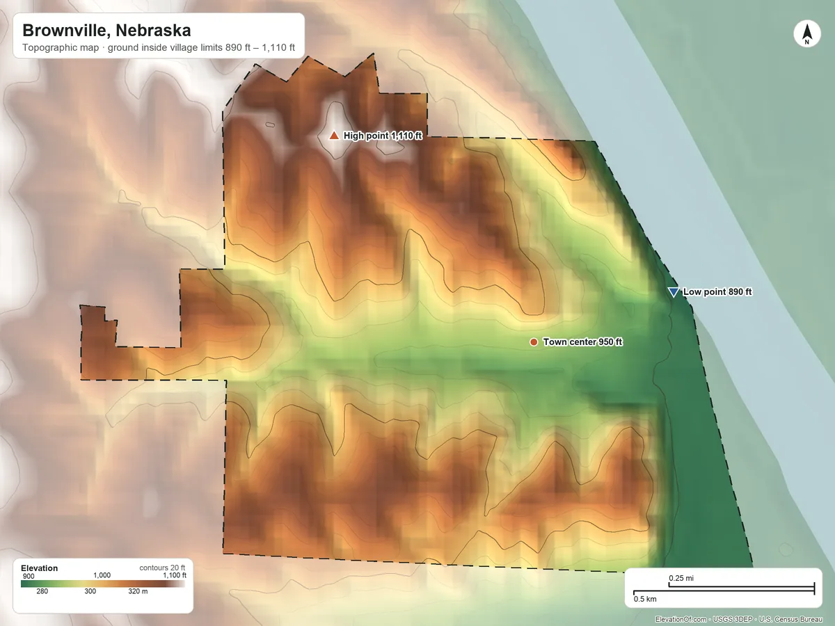 Topographic elevation map of Brownville, Nebraska, shaded from 890 ft on the east side to 1,110 ft on the northwest side