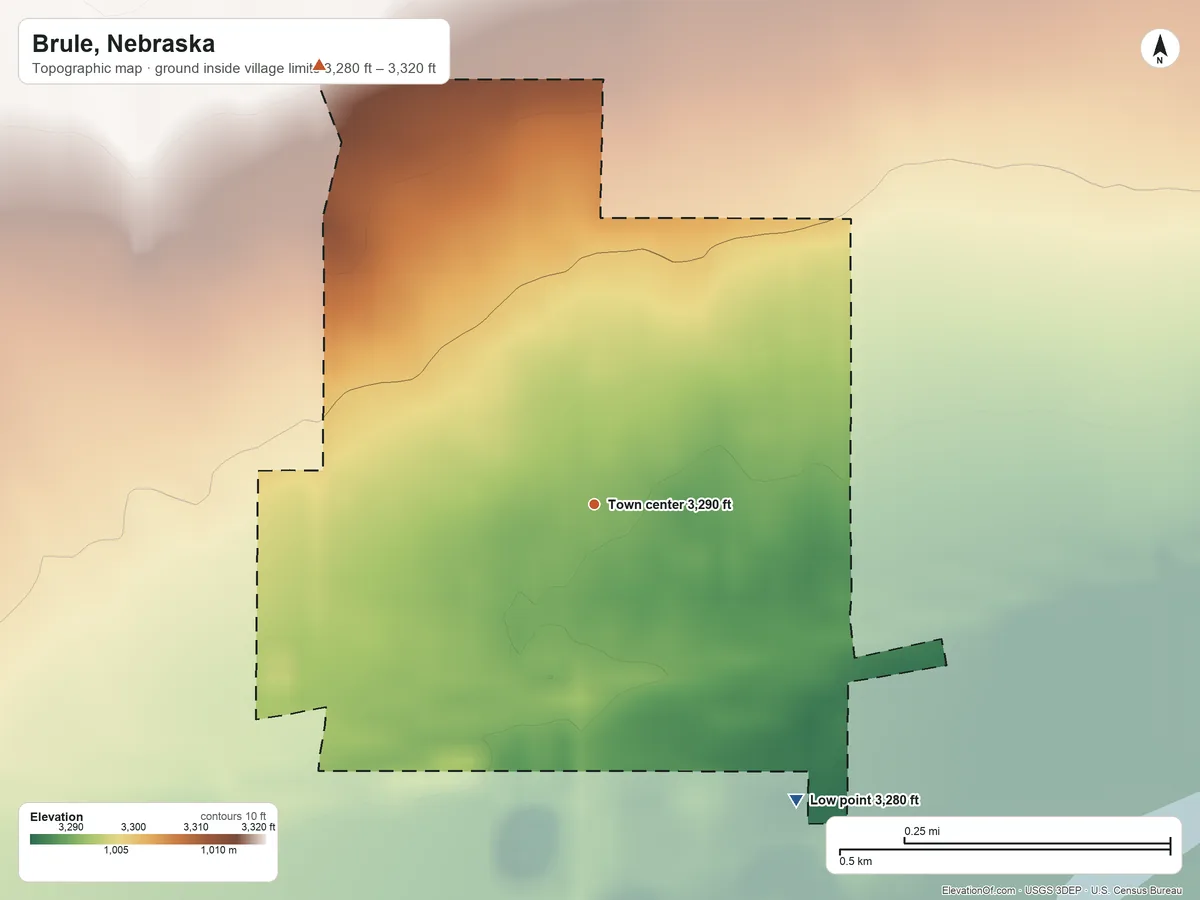 Topographic elevation map of Brule, Nebraska, shaded from 3,280 ft on the southeast side to 3,320 ft on the northwest side