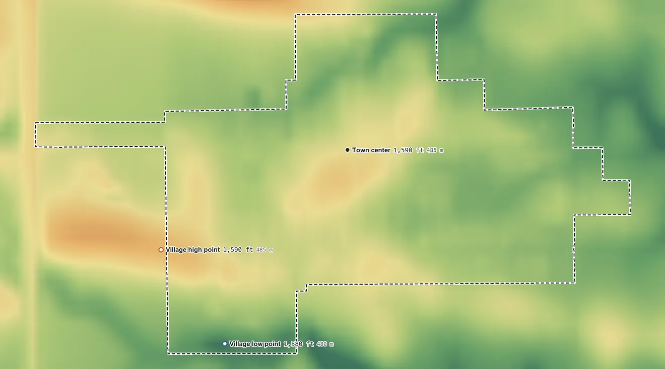 Topographic elevation map of Bruning, Nebraska, shaded from 1,580 ft on the southwest side to 1,590 ft on the southwest side