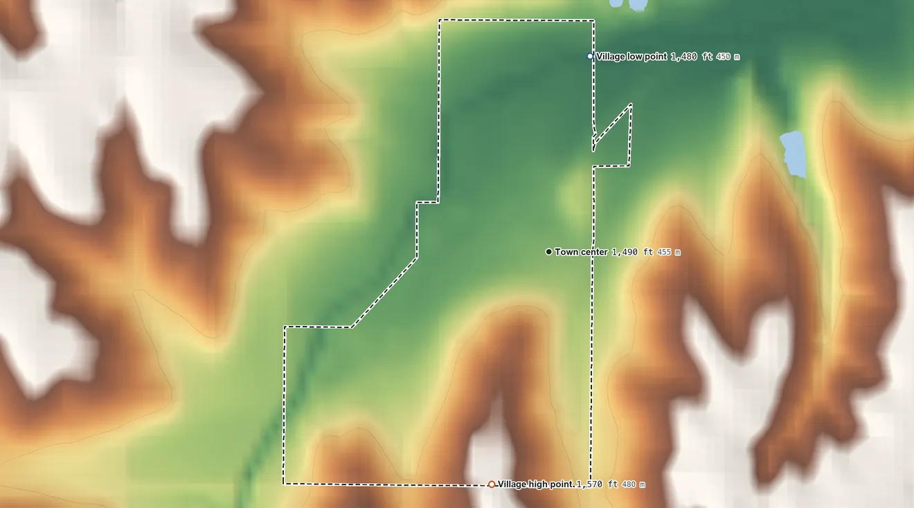 Topographic elevation map of Bruno, Nebraska, shaded from 1,480 ft on the north side to 1,570 ft on the south side