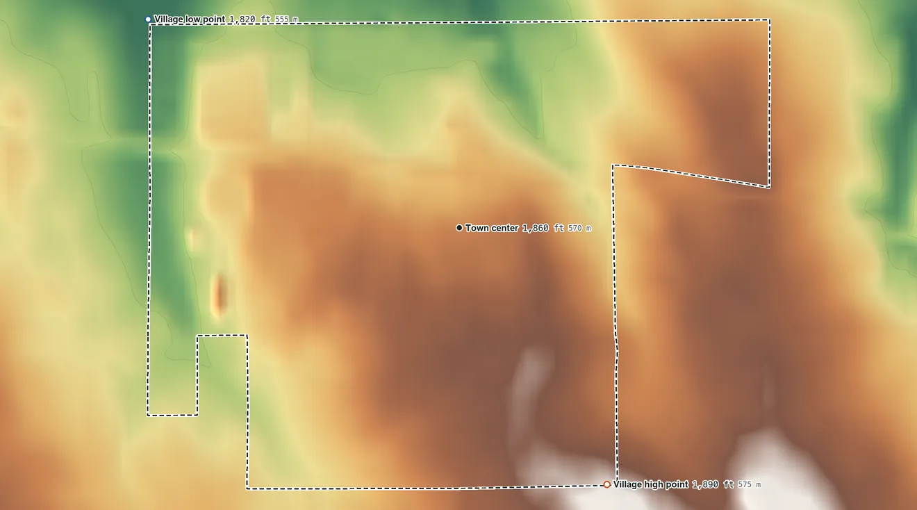 Topographic elevation map of Brunswick, Nebraska, shaded from 1,820 ft on the northwest side to 1,890 ft on the southeast side