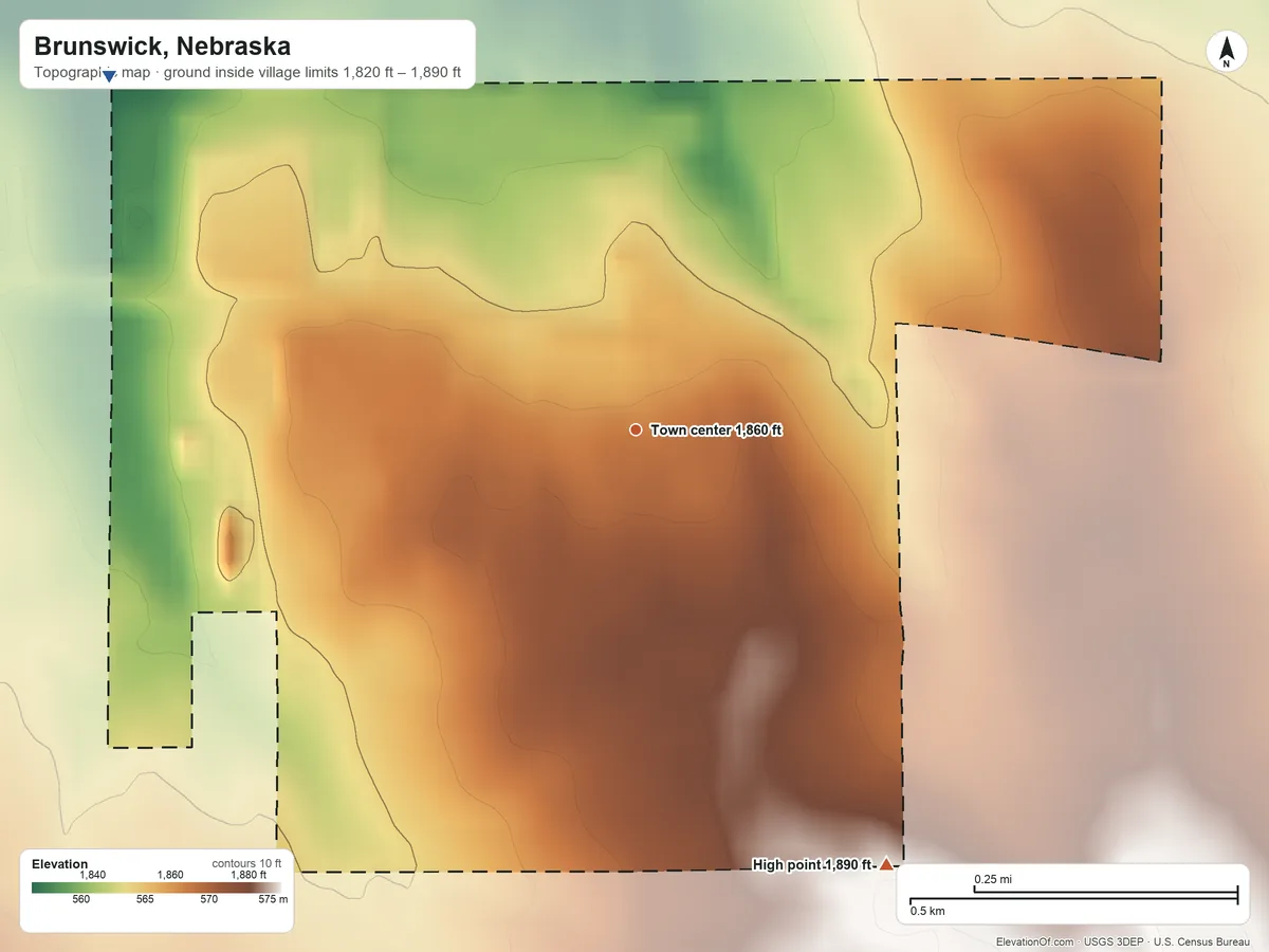 Topographic elevation map of Brunswick, Nebraska, shaded from 1,820 ft on the northwest side to 1,890 ft on the southeast side