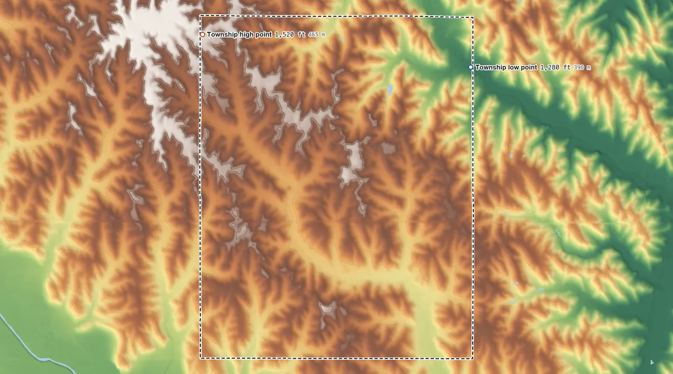Topographic elevation map of Bryan Township, Nebraska, shaded from 1,280 ft on the northeast side to 1,520 ft on the northwest side