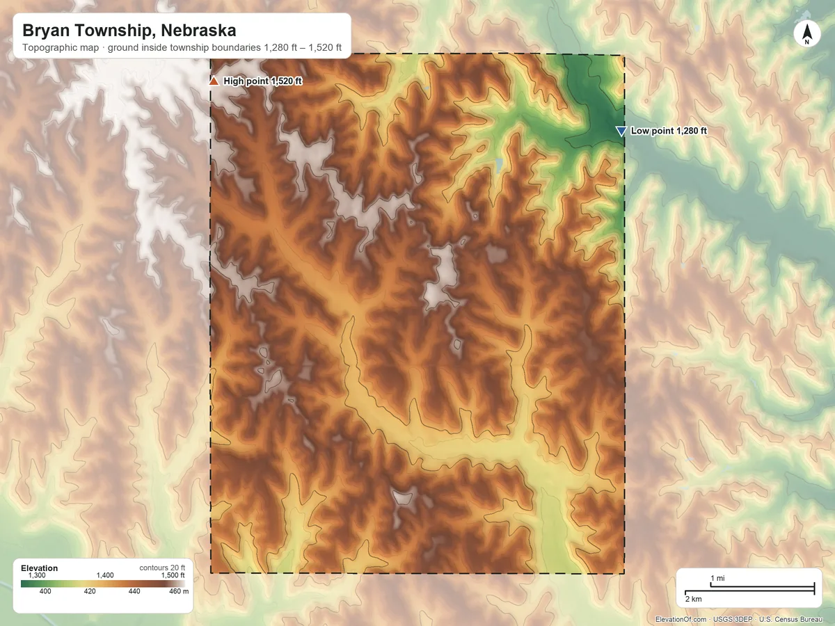 Topographic elevation map of Bryan Township, Nebraska, shaded from 1,280 ft on the northeast side to 1,520 ft on the northwest side