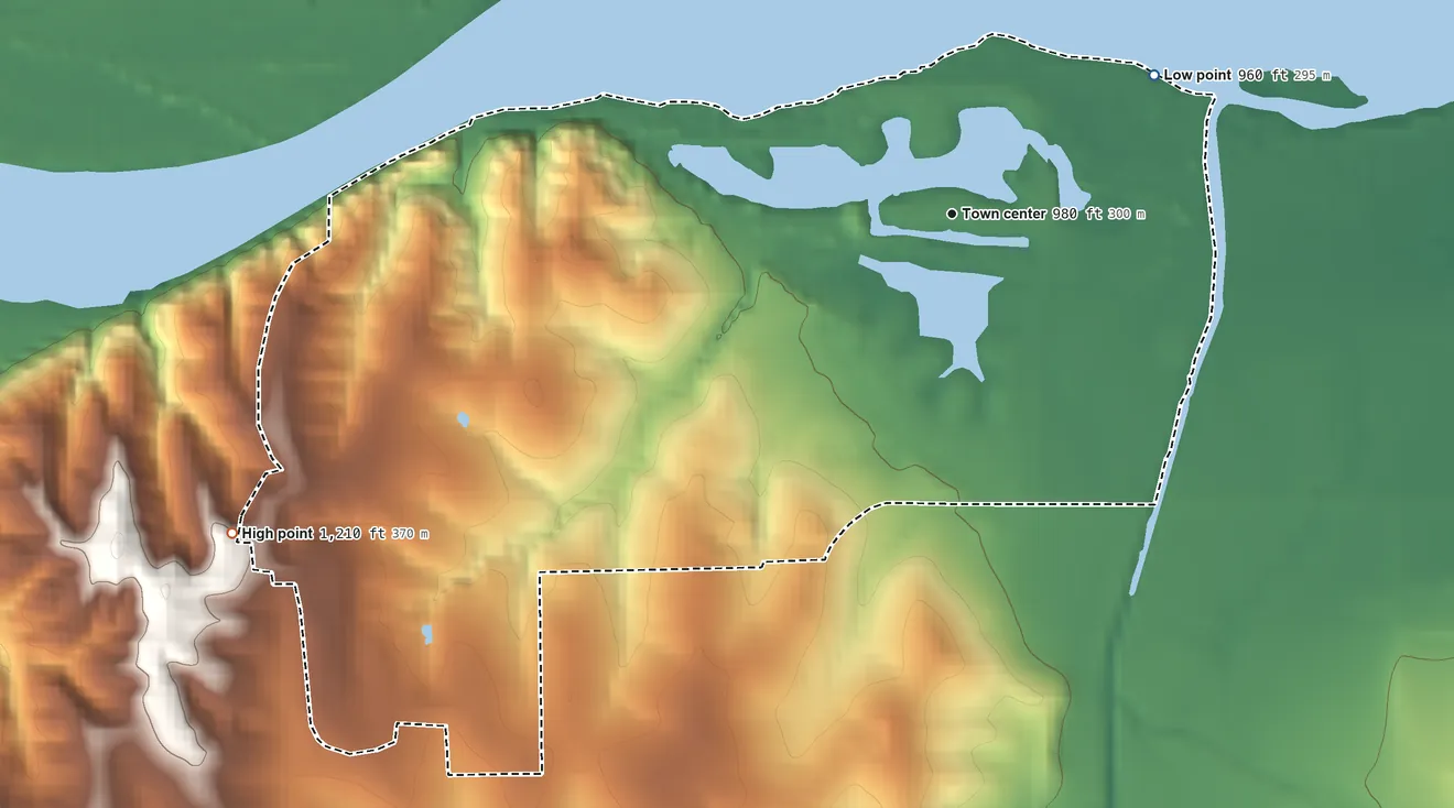 Topographic elevation map of Buccaneer Bay, Nebraska, shaded from 960 ft on the northeast side to 1,210 ft on the southwest side