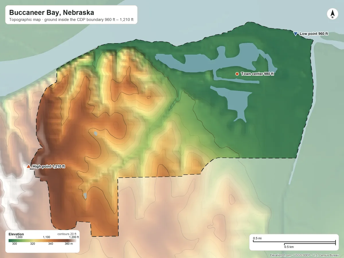 Topographic elevation map of Buccaneer Bay, Nebraska, shaded from 960 ft on the northeast side to 1,210 ft on the southwest side