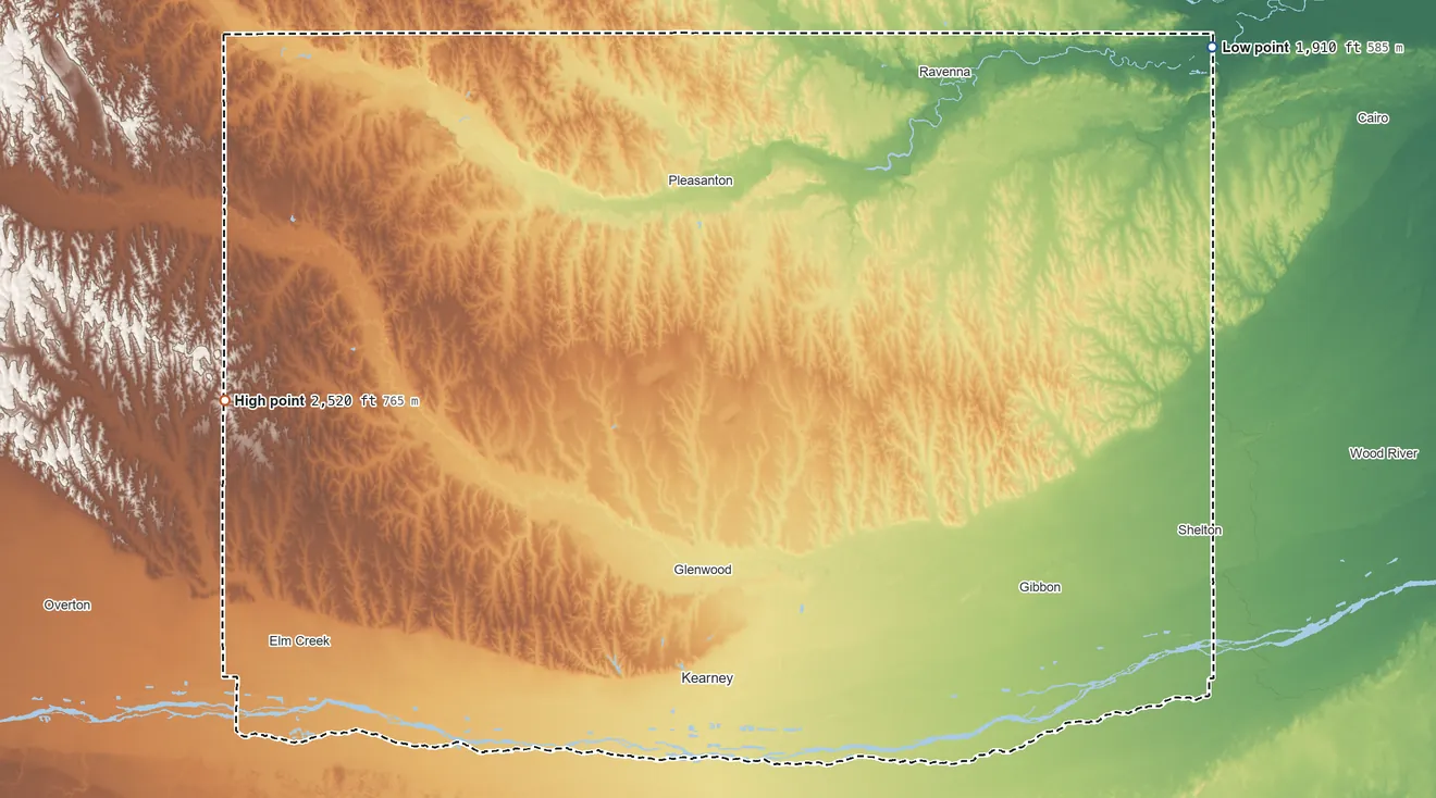 Topographic elevation map of Buffalo County, Nebraska, shaded from 1,910 ft on the northeast side to 2,520 ft on the west side