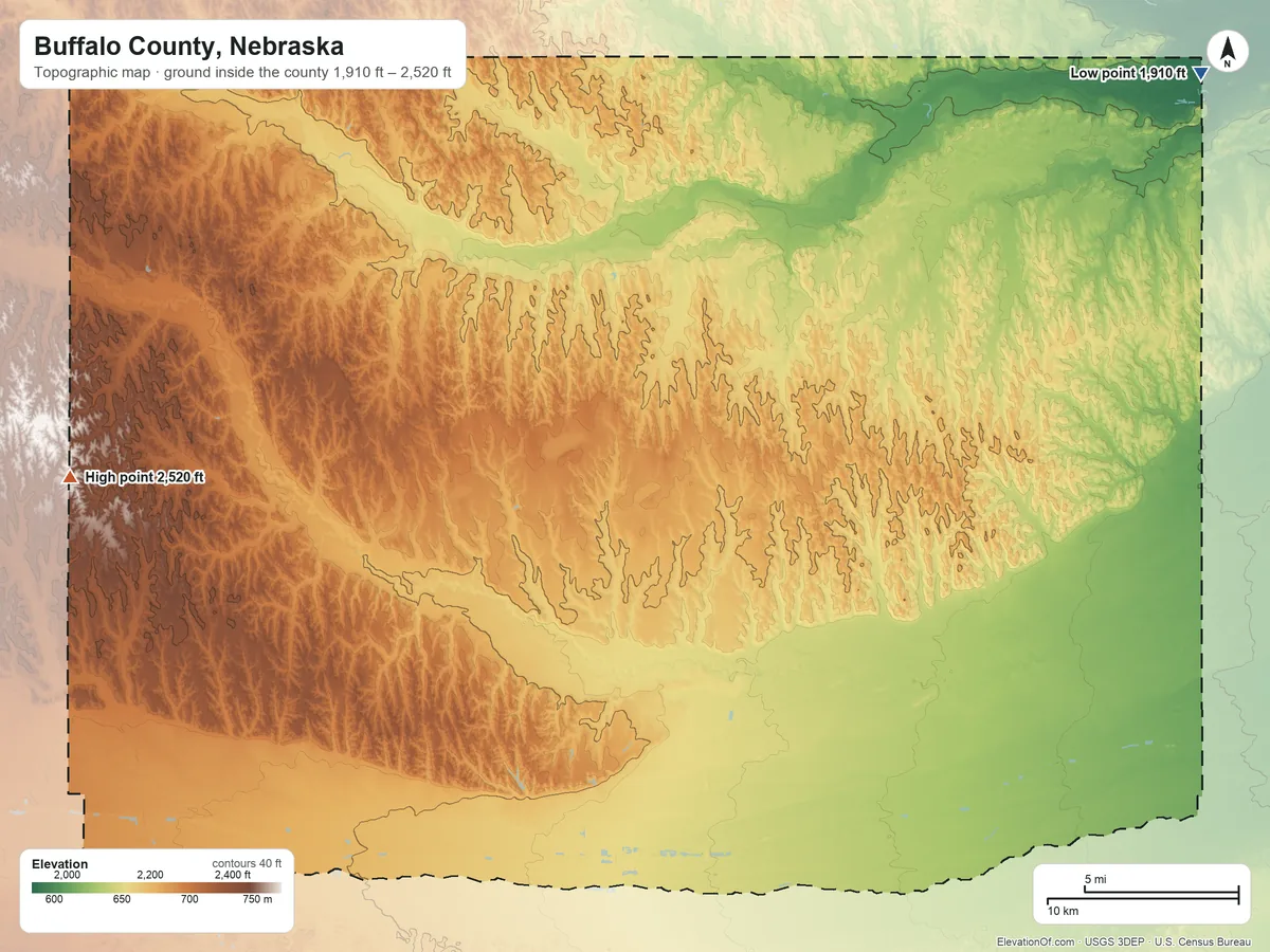 Topographic elevation map of Buffalo County, Nebraska, shaded from 1,910 ft on the northeast side to 2,520 ft on the west side