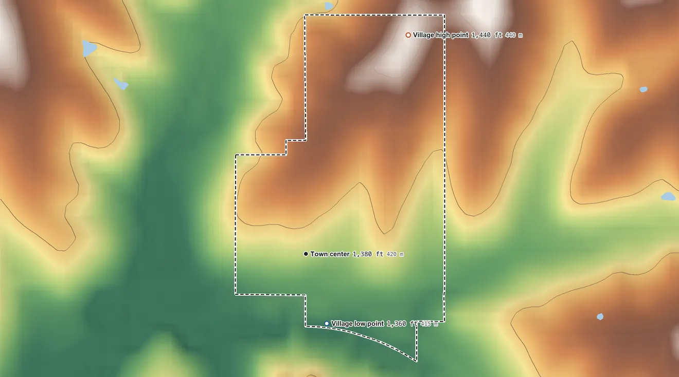 Topographic elevation map of Burchard, Nebraska, shaded from 1,360 ft on the south side to 1,440 ft on the northeast side
