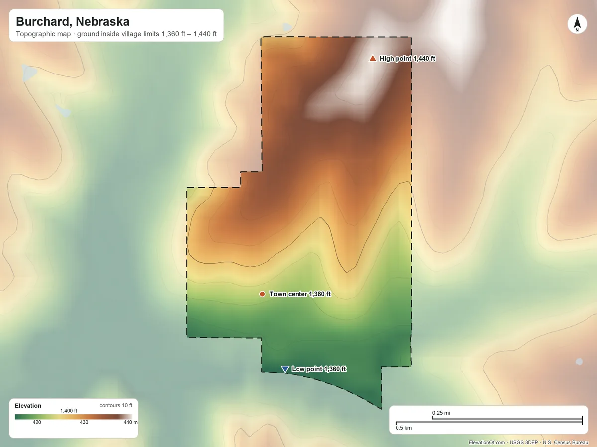 Topographic elevation map of Burchard, Nebraska, shaded from 1,360 ft on the south side to 1,440 ft on the northeast side
