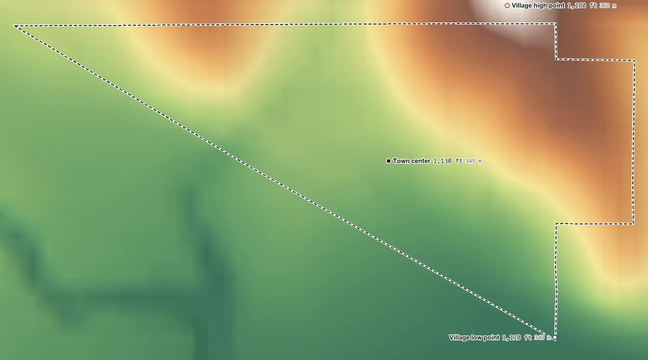 Topographic elevation map of Burr, Nebraska, shaded from 1,110 ft on the southeast side to 1,180 ft on the northeast side
