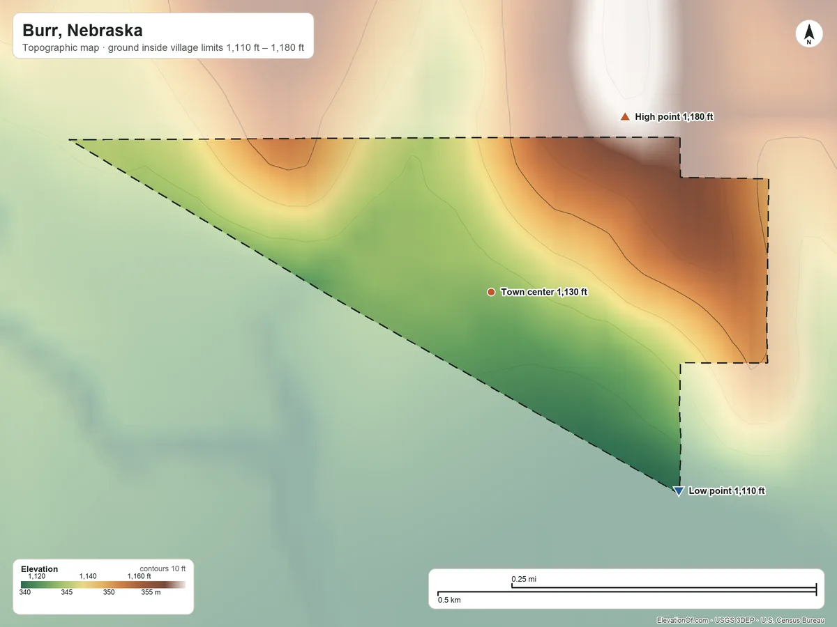 Topographic elevation map of Burr, Nebraska, shaded from 1,110 ft on the southeast side to 1,180 ft on the northeast side