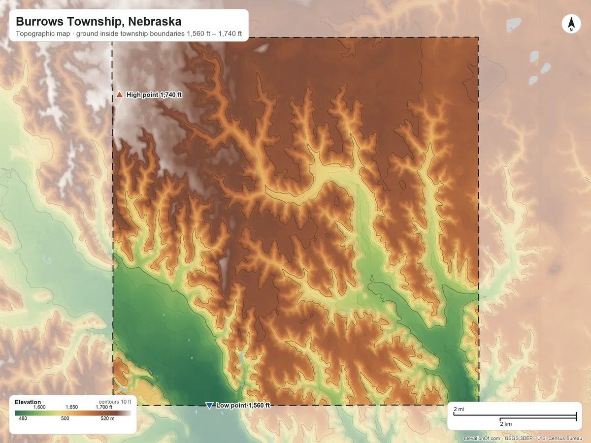 Topographic elevation map of Burrows Township, Nebraska, shaded from 1,560 ft on the southwest side to 1,740 ft on the northwest side
