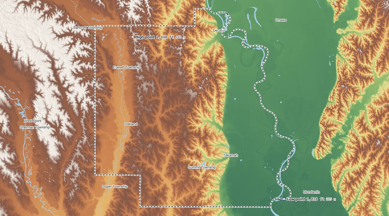 Topographic elevation map of Burt County, Nebraska, shaded from 1,010 ft on the southeast side to 1,440 ft on the northwest side