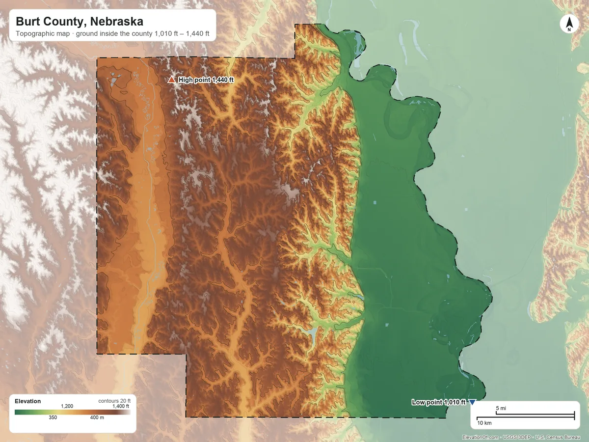 Topographic elevation map of Burt County, Nebraska, shaded from 1,010 ft on the southeast side to 1,440 ft on the northwest side