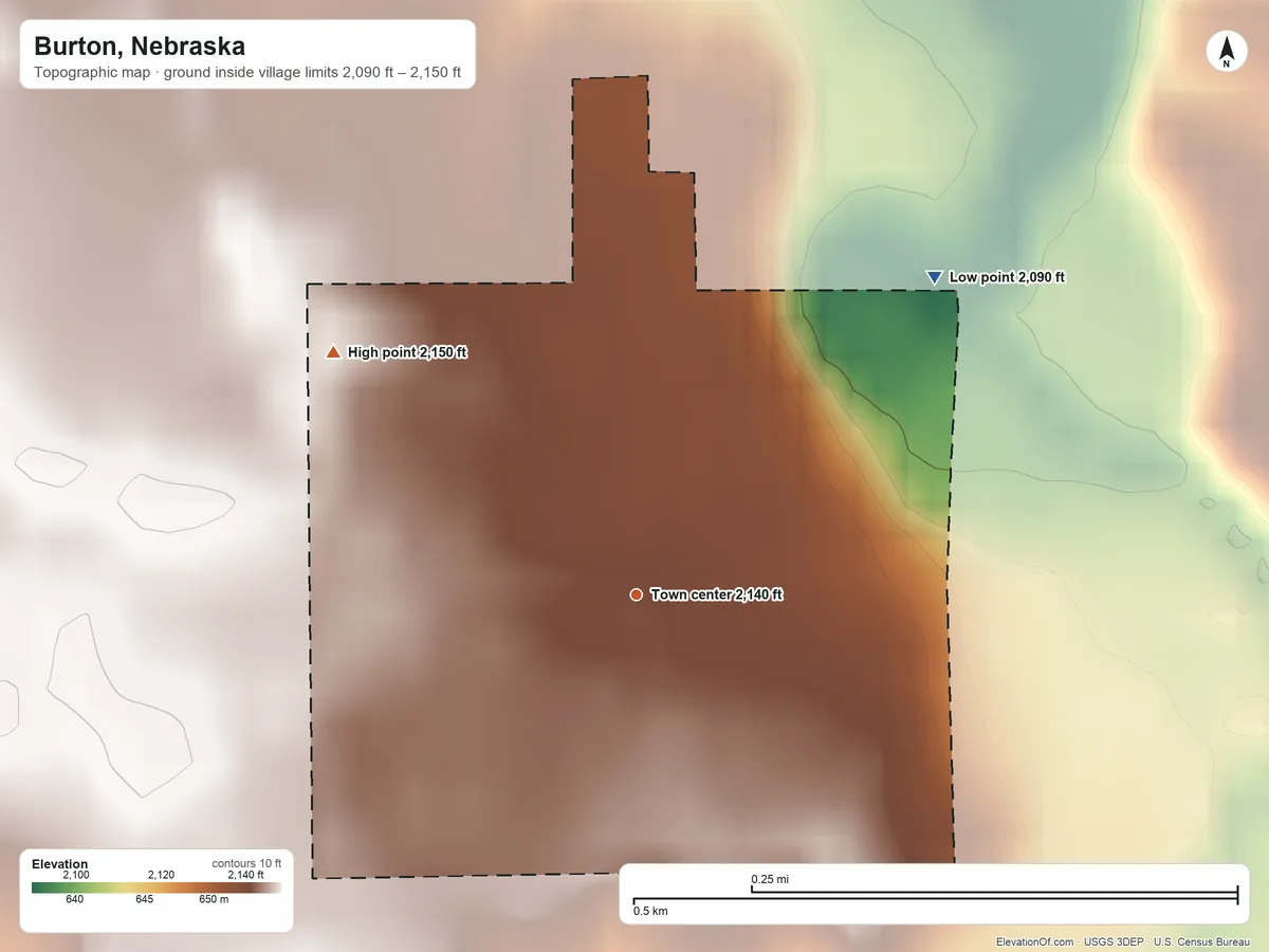 Topographic elevation map of Burton, Nebraska, shaded from 2,090 ft on the northeast side to 2,150 ft on the northwest side