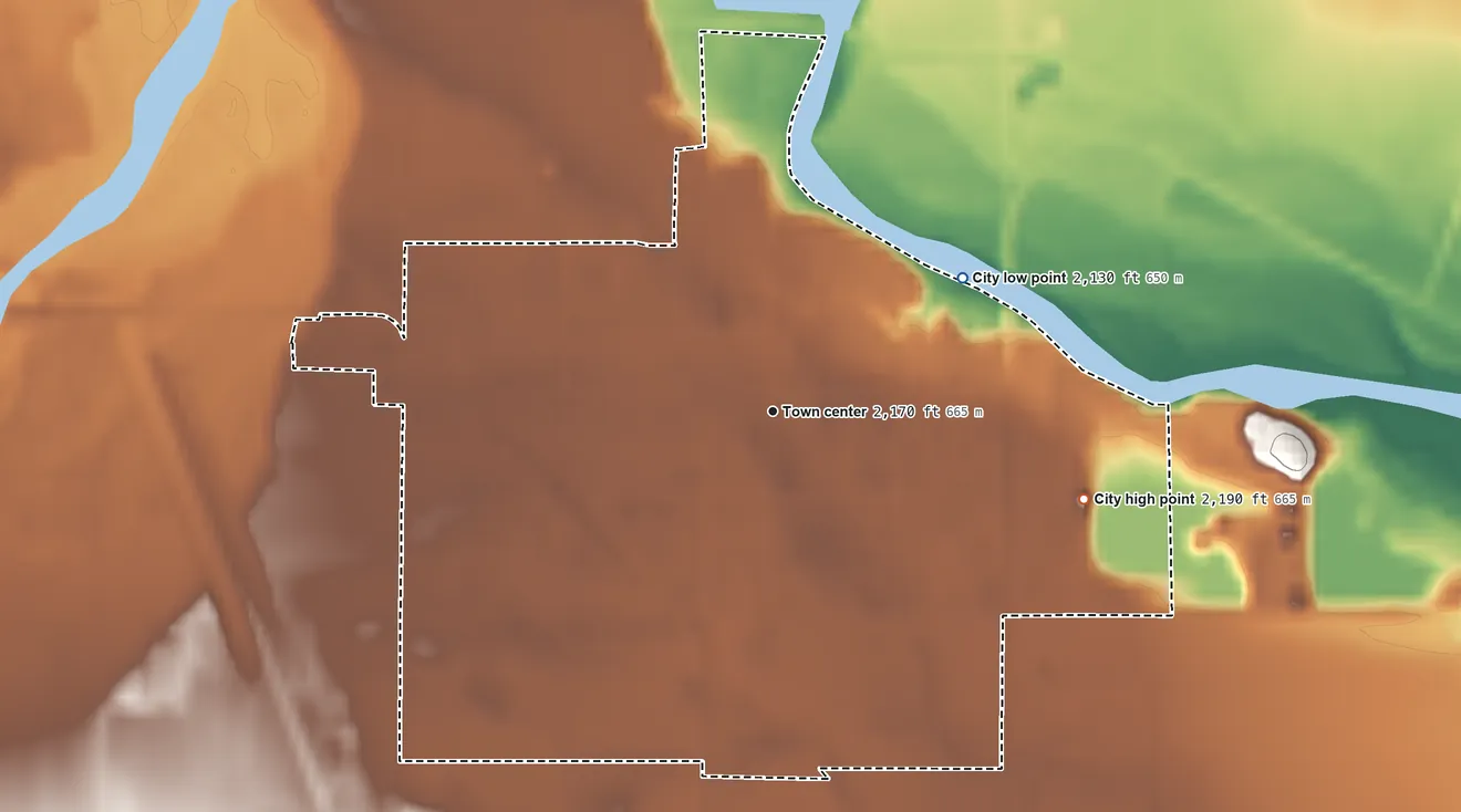 Topographic elevation map of Burwell, Nebraska, shaded from 2,130 ft on the northeast side to 2,190 ft on the east side