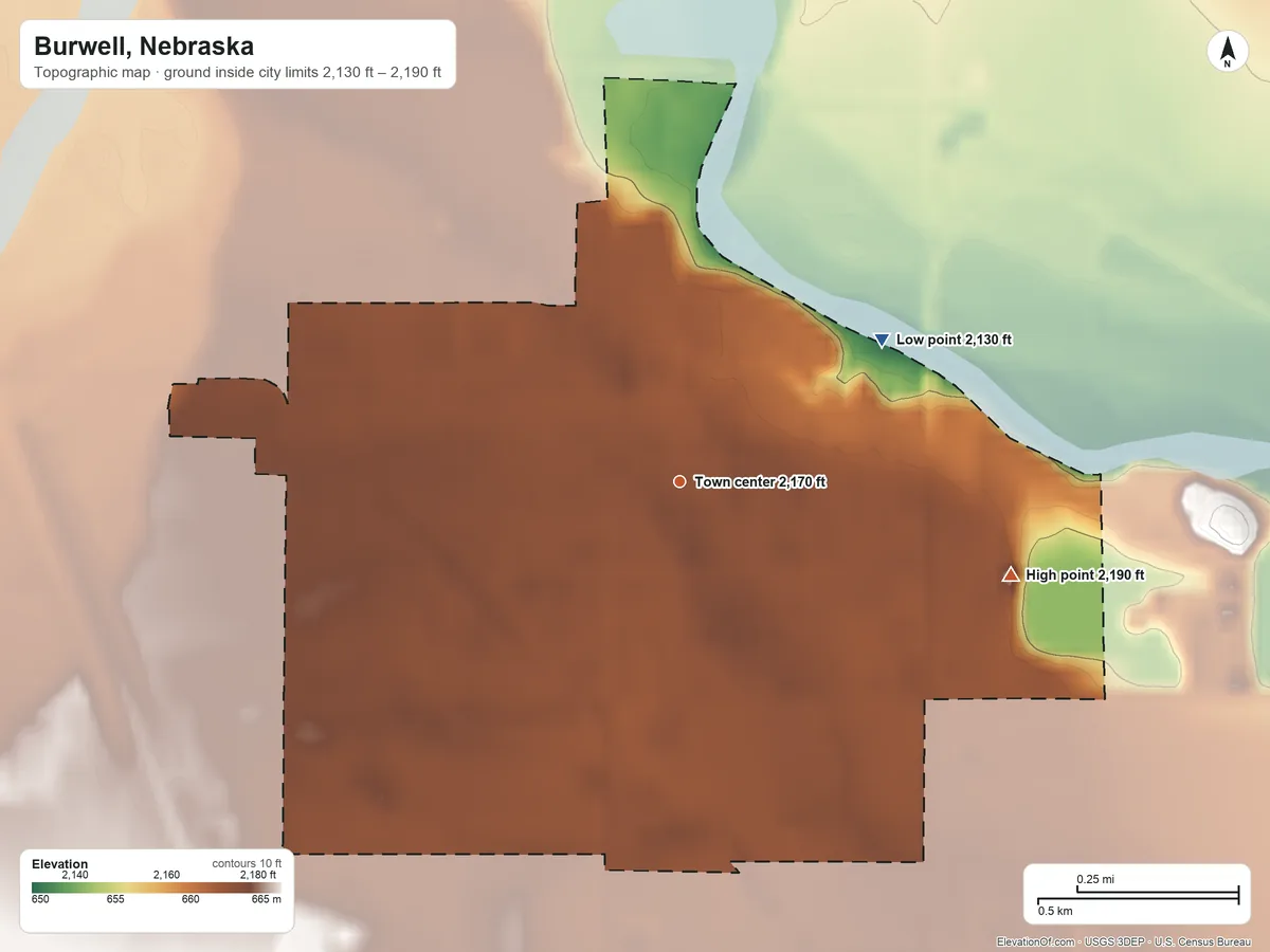 Topographic elevation map of Burwell, Nebraska, shaded from 2,130 ft on the northeast side to 2,190 ft on the east side