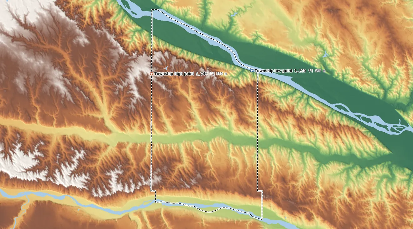 Topographic elevation map of Bush Township, Nebraska, shaded from 1,220 ft on the northeast side to 1,740 ft on the northwest side