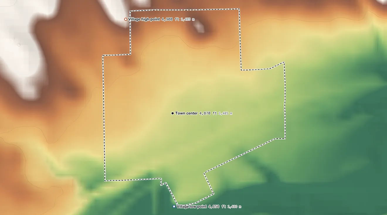 Topographic elevation map of Bushnell, Nebraska, shaded from 4,850 ft on the south side to 4,900 ft on the northwest side