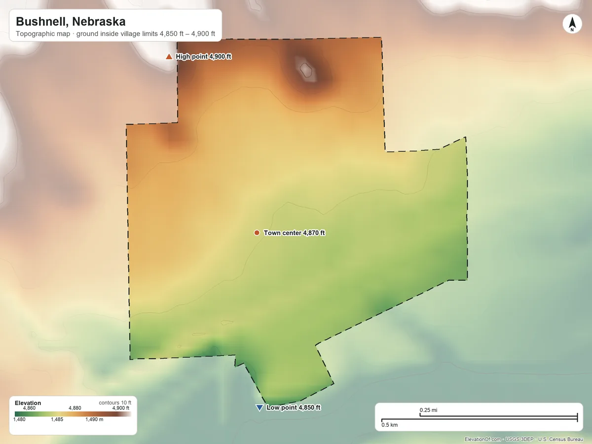Topographic elevation map of Bushnell, Nebraska, shaded from 4,850 ft on the south side to 4,900 ft on the northwest side