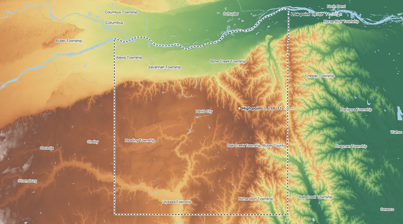 Topographic elevation map of Butler County, Nebraska, shaded from 1,300 ft on the northeast side to 1,740 ft on the east side