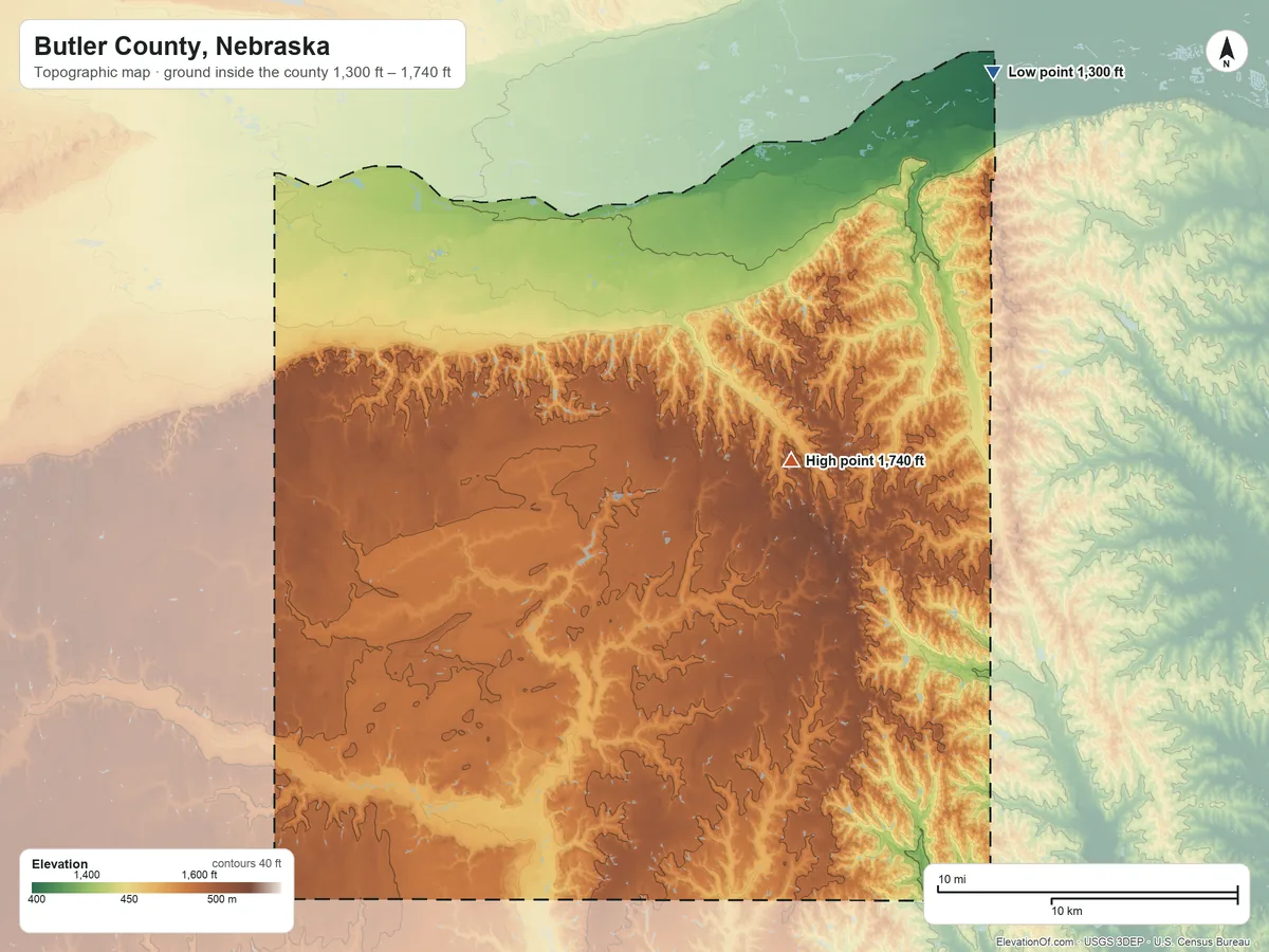 Topographic elevation map of Butler County, Nebraska, shaded from 1,300 ft on the northeast side to 1,740 ft on the east side