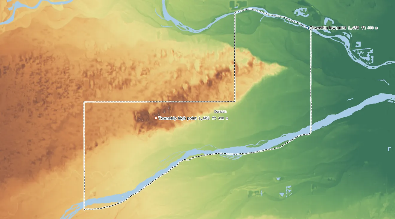 Topographic elevation map of Butler Township, Nebraska, shaded from 1,450 ft on the northeast side to 1,600 ft on the west side