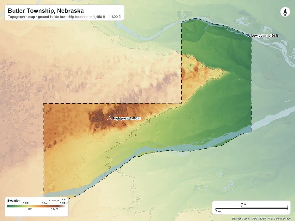 Topographic elevation map of Butler Township, Nebraska, shaded from 1,450 ft on the northeast side to 1,600 ft on the west side