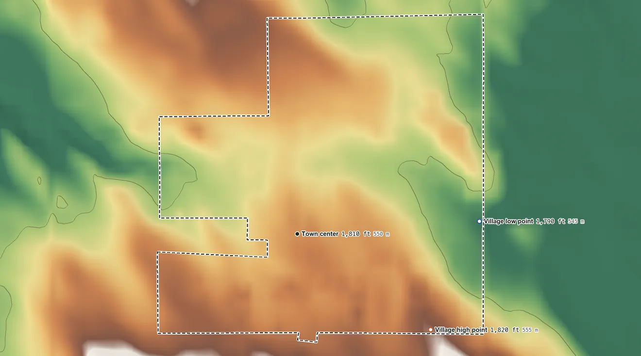 Topographic elevation map of Butte, Nebraska, shaded from 1,790 ft on the east side to 1,820 ft on the southeast side
