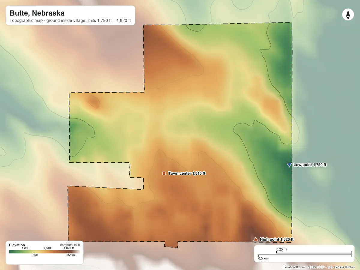 Topographic elevation map of Butte, Nebraska, shaded from 1,790 ft on the east side to 1,820 ft on the southeast side
