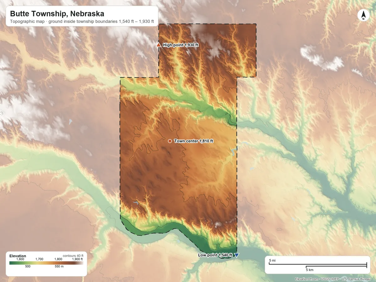 Topographic elevation map of Butte Township, Nebraska, shaded from 1,540 ft on the southeast side to 1,930 ft on the north side