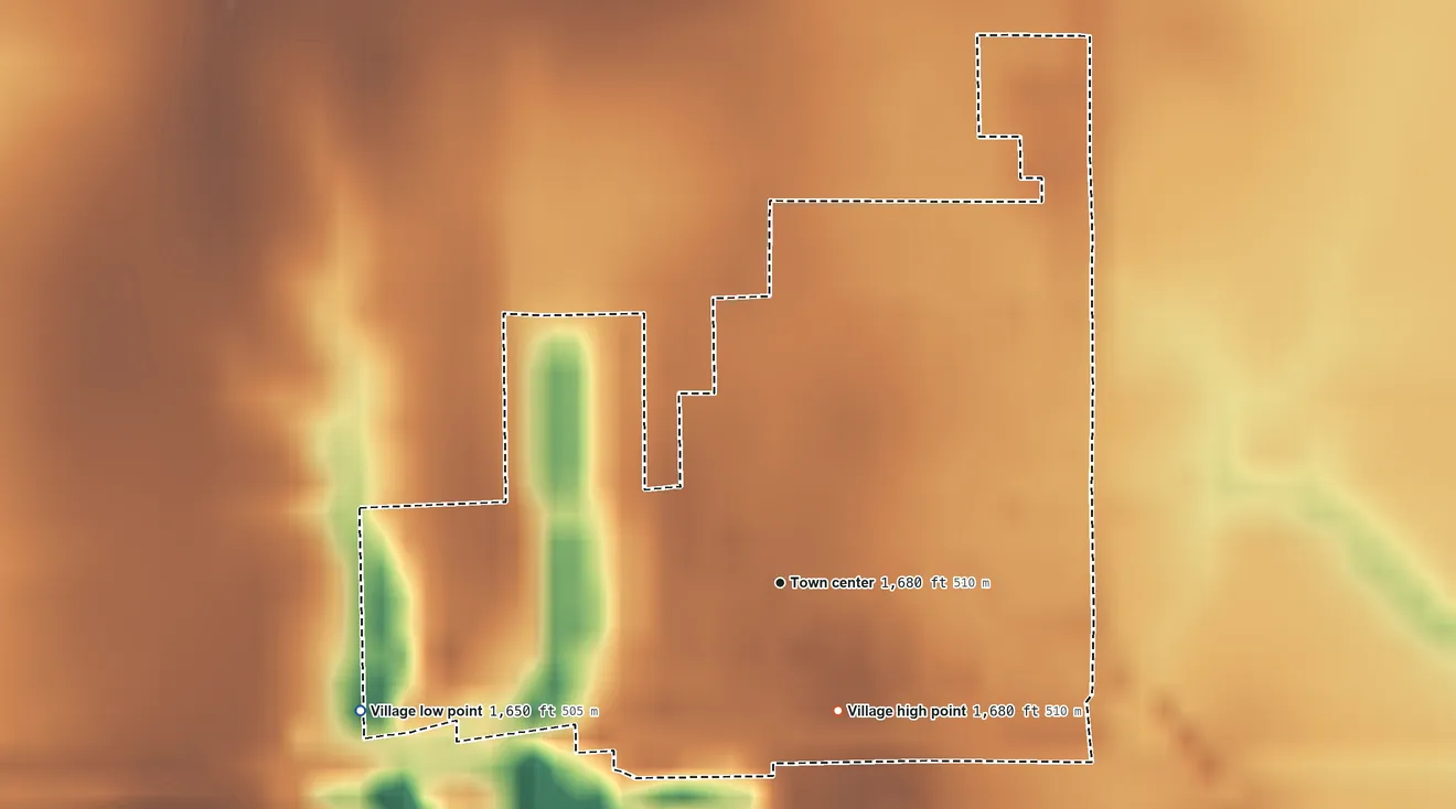 Topographic elevation map of Byron, Nebraska, shaded from 1,650 ft on the west side to 1,680 ft on the southeast side