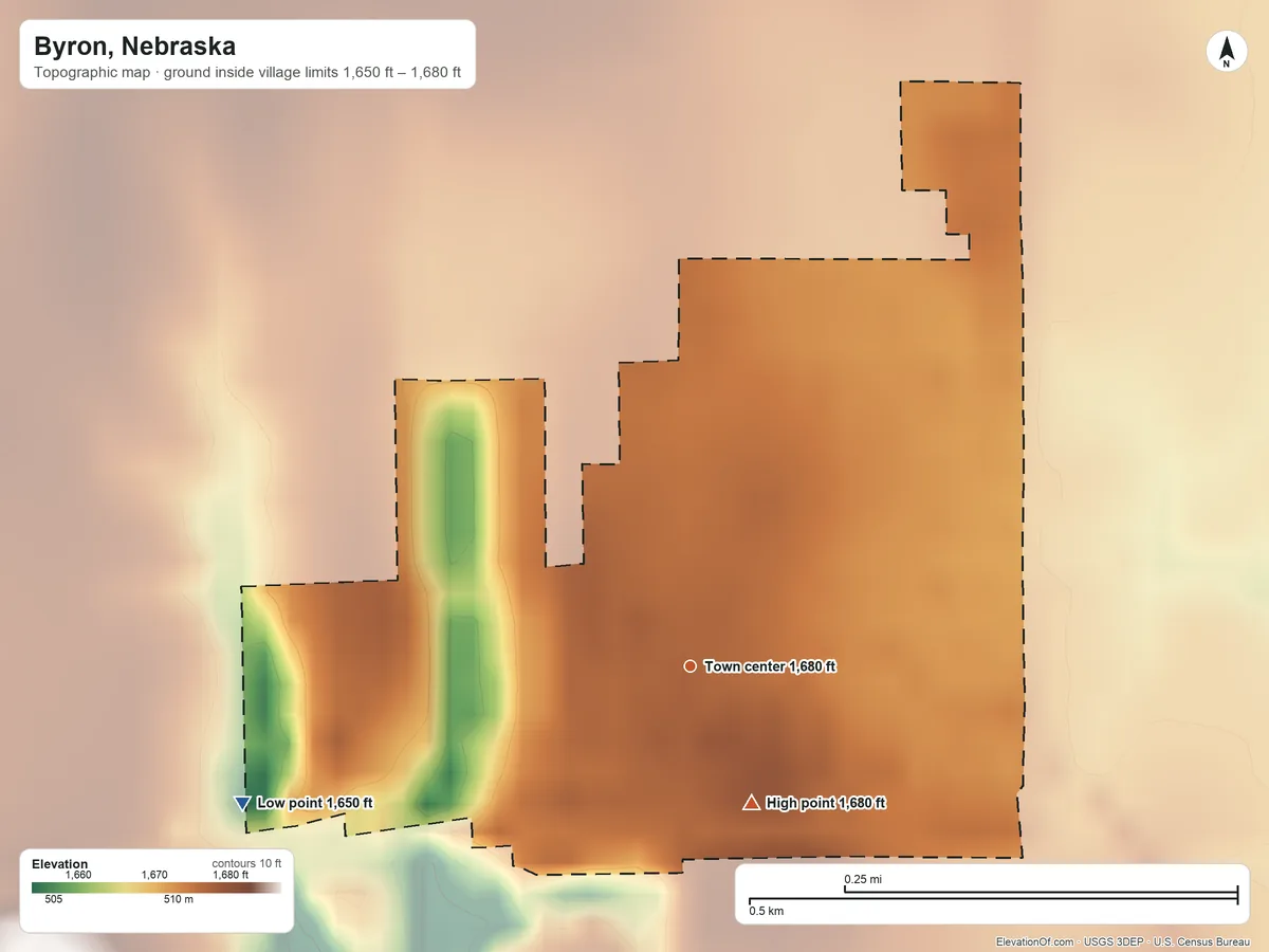 Topographic elevation map of Byron, Nebraska, shaded from 1,650 ft on the west side to 1,680 ft on the southeast side