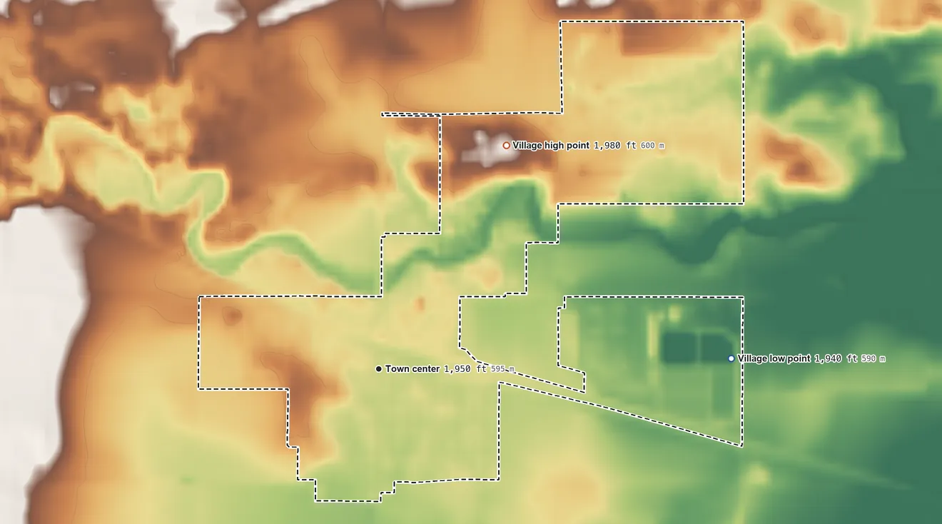 Topographic elevation map of Cairo, Nebraska, shaded from 1,940 ft on the east side to 1,980 ft on the northeast side