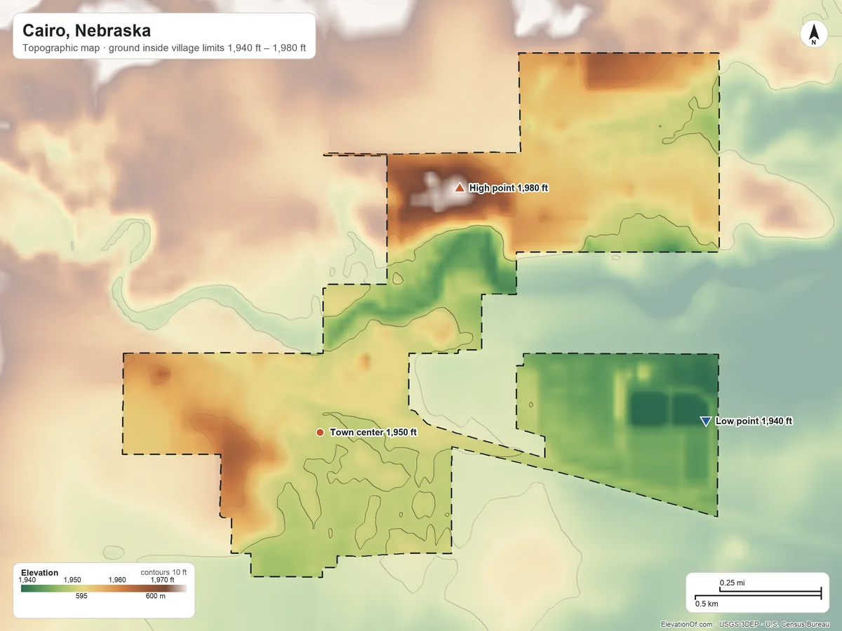 Topographic elevation map of Cairo, Nebraska, shaded from 1,940 ft on the east side to 1,980 ft on the northeast side
