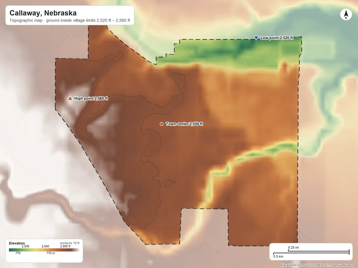 Topographic elevation map of Callaway, Nebraska, shaded from 2,520 ft on the northeast side to 2,560 ft on the west side