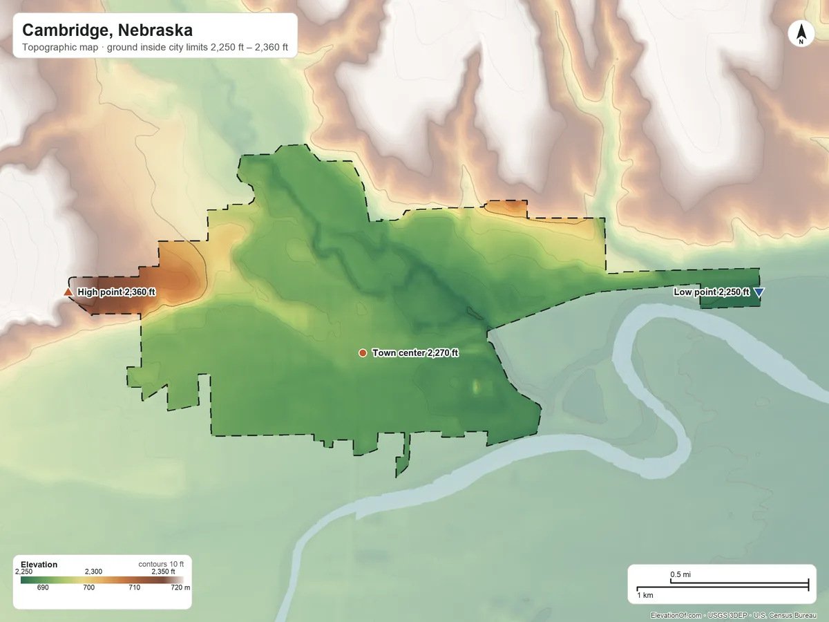 Topographic elevation map of Cambridge, Nebraska, shaded from 2,250 ft on the east side to 2,360 ft on the west side