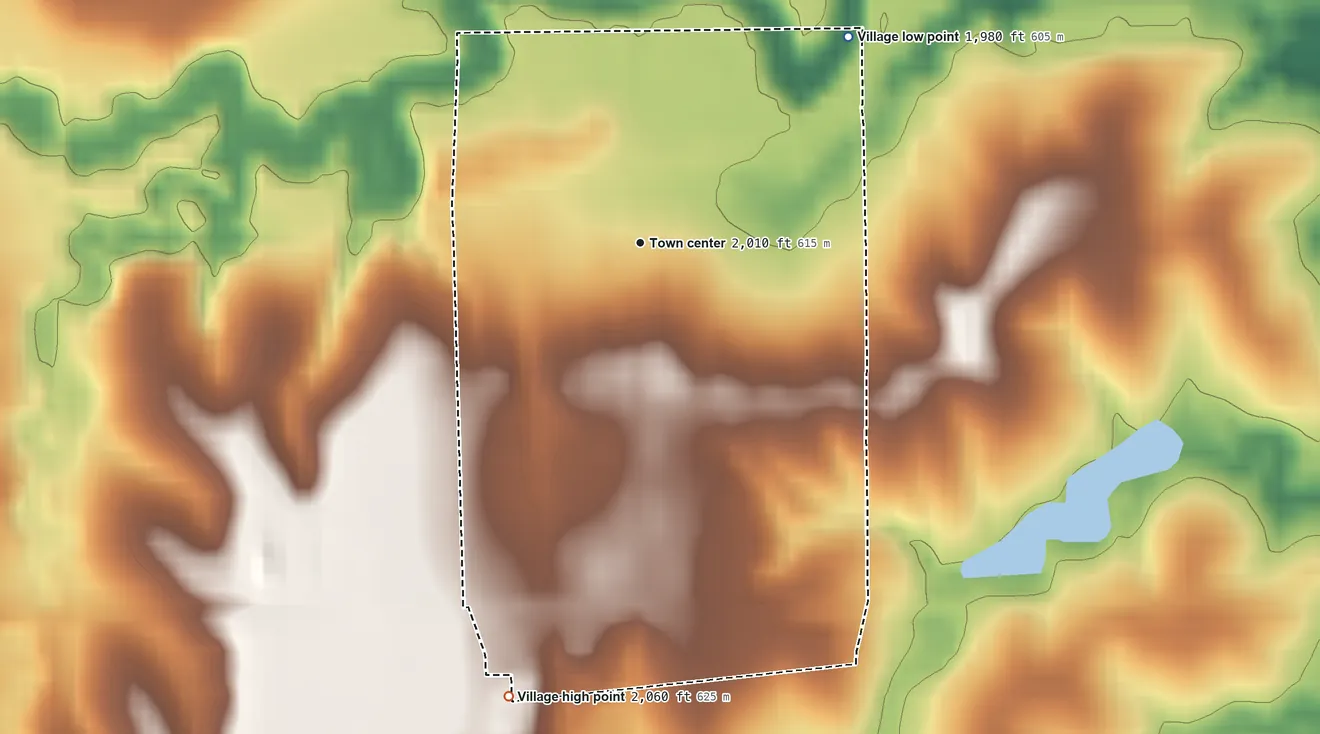 Topographic elevation map of Campbell, Nebraska, shaded from 1,980 ft on the northeast side to 2,060 ft on the south side