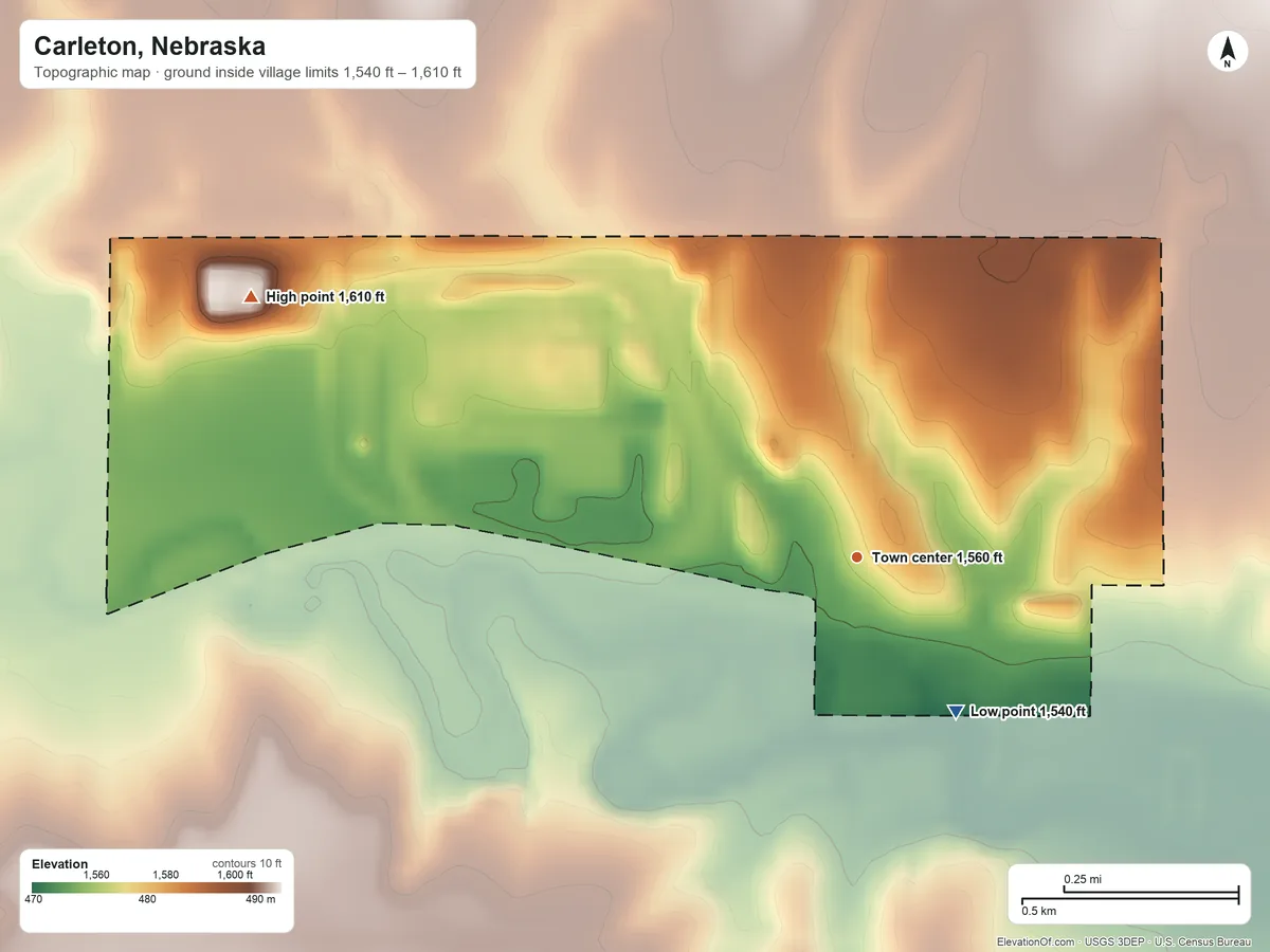 Topographic elevation map of Carleton, Nebraska, shaded from 1,540 ft on the southeast side to 1,610 ft on the northwest side