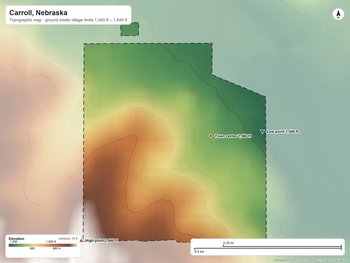 Topographic elevation map of Carroll, Nebraska, shaded from 1,540 ft on the east side to 1,640 ft on the southwest side