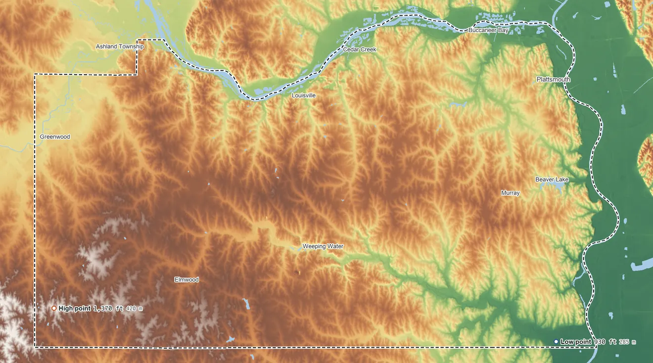 Topographic elevation map of Cass County, Nebraska, shaded from 930 ft on the southeast side to 1,370 ft on the southwest side