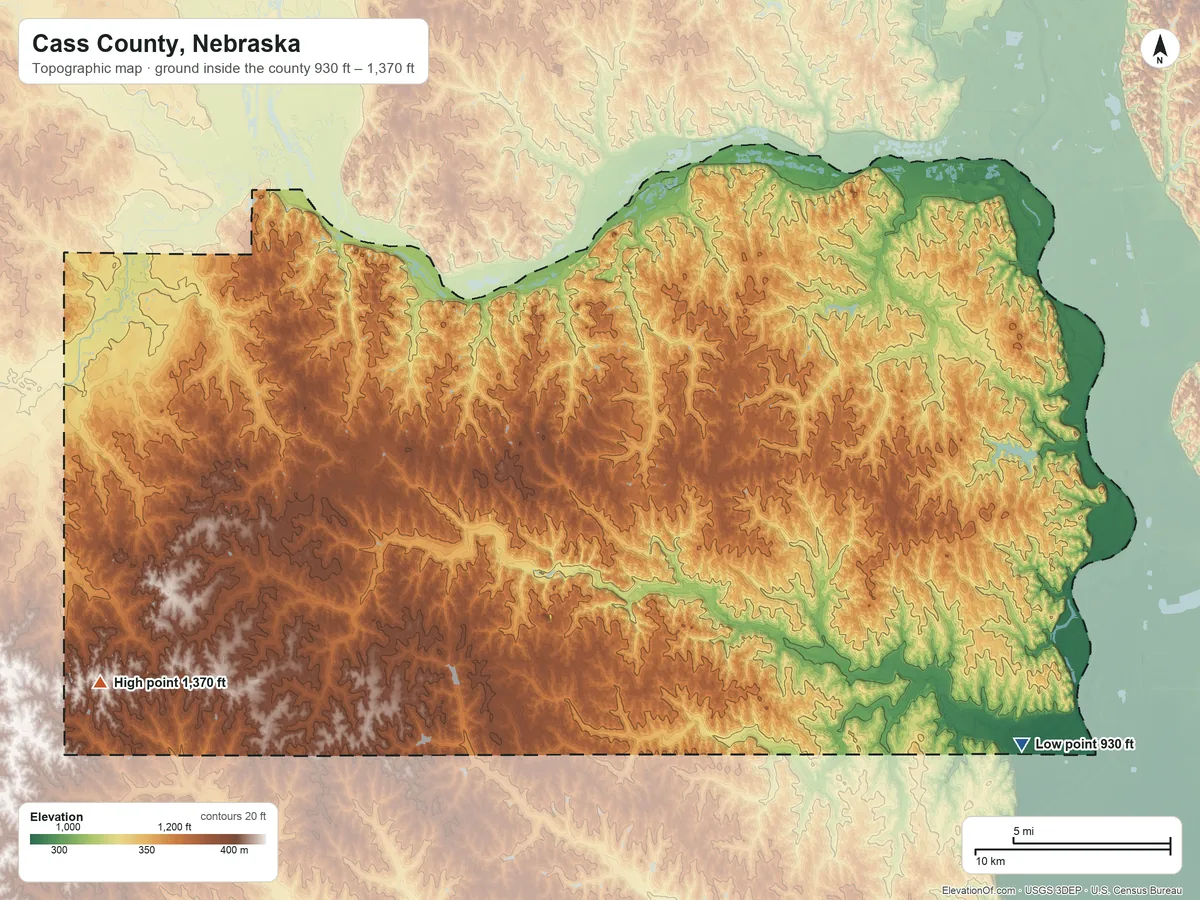 Topographic elevation map of Cass County, Nebraska, shaded from 930 ft on the southeast side to 1,370 ft on the southwest side